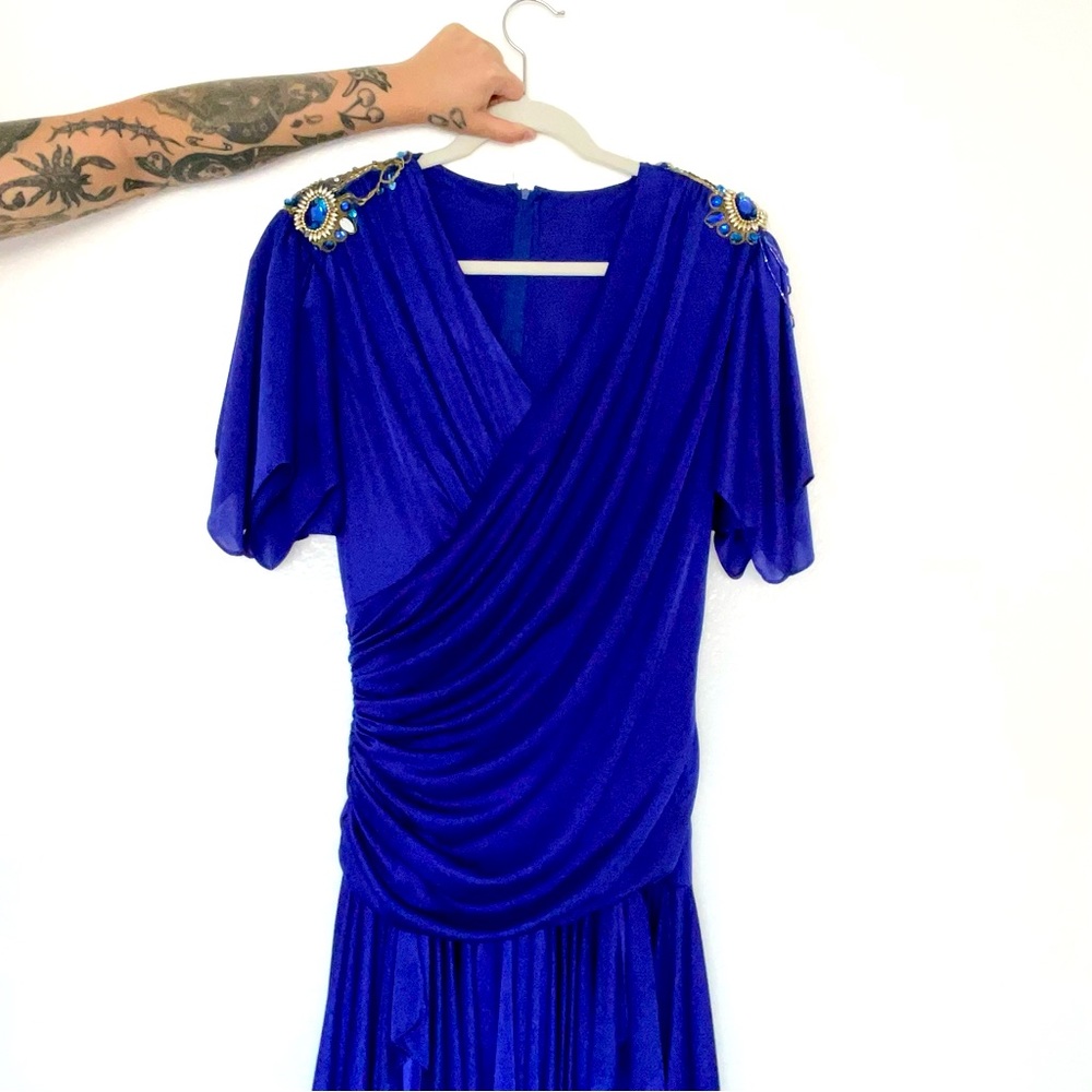 vintage 80s flowy beaded shoulder cocktail dress